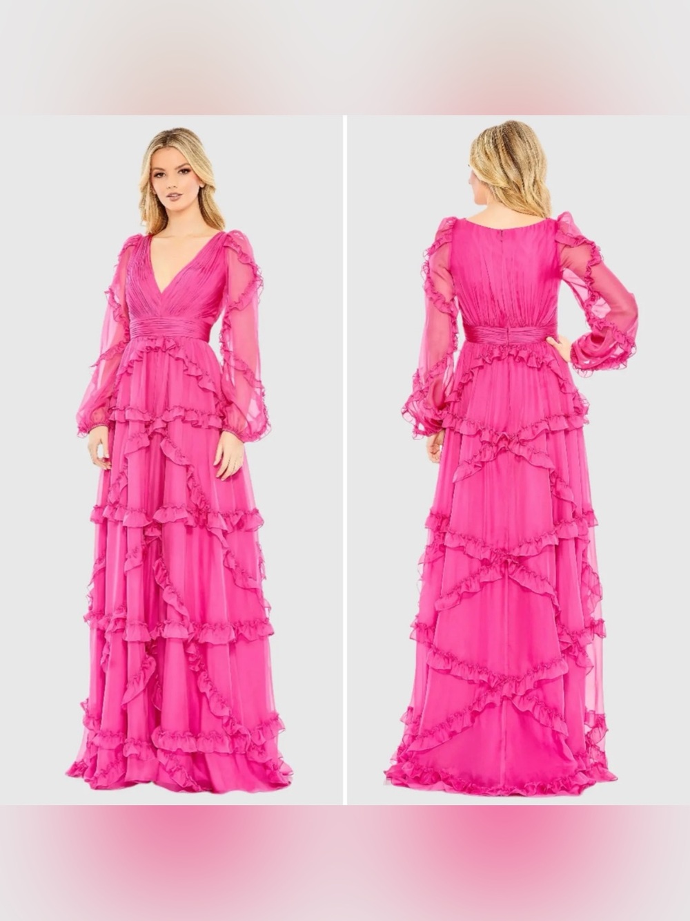 NWT Mac Duggal Size 16 V-Neck Long Fuchsia Pink Puff Sleeve Ruffle Gown Dress